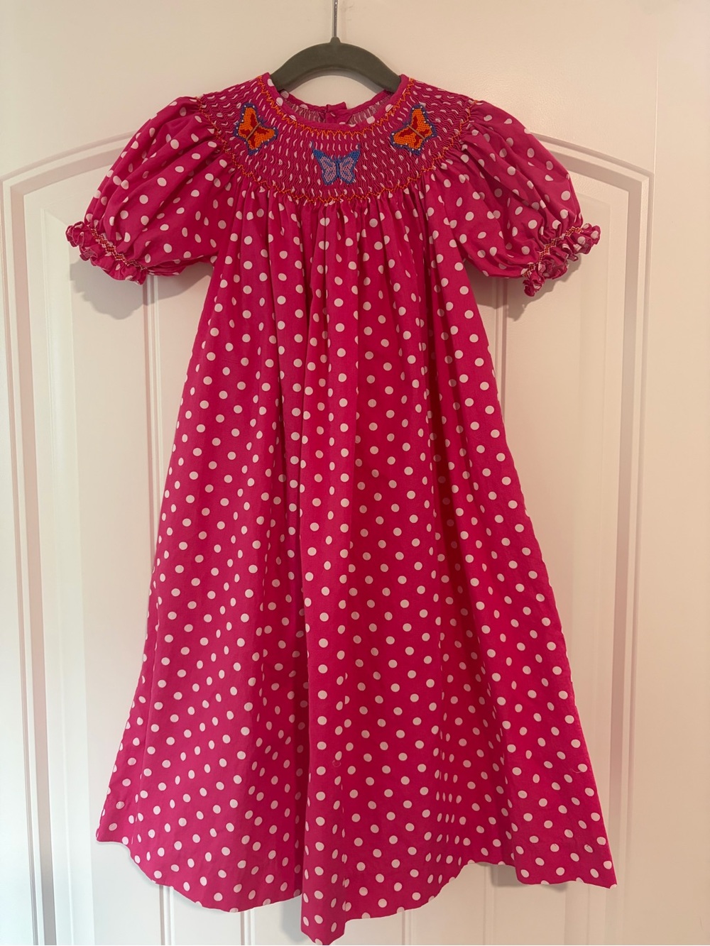 Girls' Hot Pink Polka Dot Smocked Butterfly Dress
